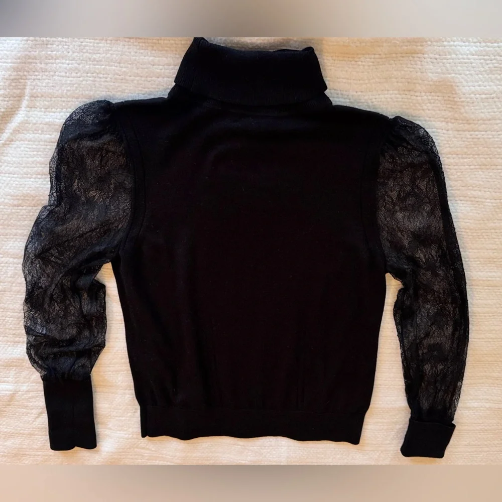 EQUIPMENT Femme Black Wool Silk Turtleneck Sweater Sheer Lace Sleeves Long Cuffs